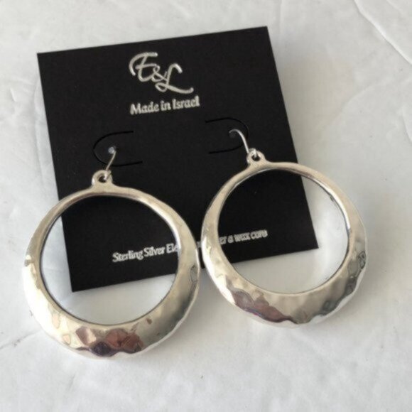E&L Israel 925 Sterling Silver Circle Hammered Electroform Dangle Earrings - Picture 3 of 15